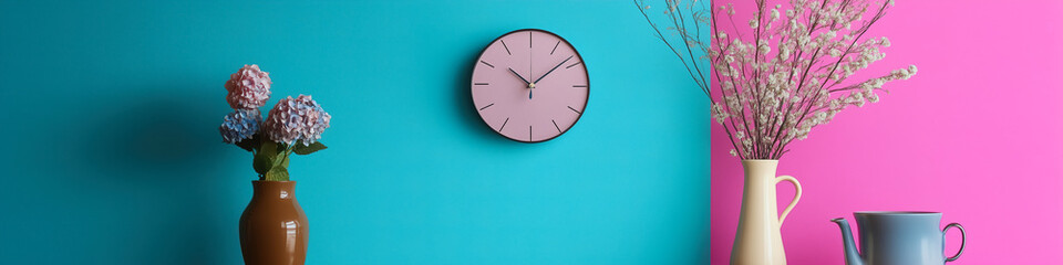 Colorful interior decor featuring a clock and vases with flowers in bright blue and pink background during daylight hours. Generative AI