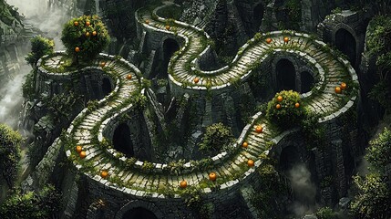 Fototapeta premium Winding Stone Pathway Through Misty Mountains with Orange Trees - Fantasy Landscape. 