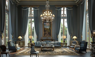 Obraz premium Large traditional living room with ornate furniture, a grand chandelier, and heavy drapes, 4K hyperrealistic photo