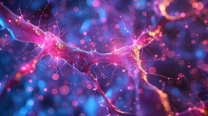 Colorful neuron synapse illustration. Brain cell communication, neurology, neural network, and AI concept.