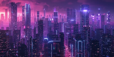 Obraz premium Sci-fi city skyline with plum and jade neon lights. Night scene with advanced skyscrapers. 3D Render.
