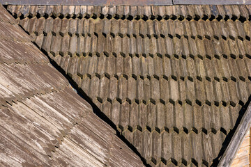 Wooden tiles on the roof of a Catholic church.