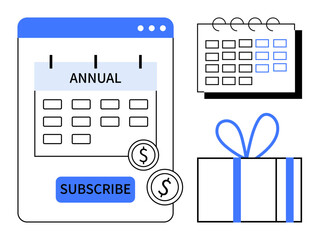 Interface featuring an annual subscription calendar, subscribe button, and payment icons. Calendar with marked dates. Present with blue ribbon. Ideal for membership, payment, rewards, reminders