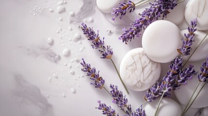 Fototapeta premium Beauty cosmetics product presentation mockup scene with copy space made with white stones and lavender flower. Composition aims to emphasize the natural purity and summer mood.