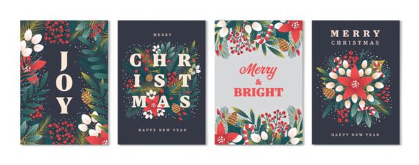 Fototapeta premium Set of Christmas and Happy New Year Floral Card templates. Christmas cards design with ornaments of branches, berries and leaves. Vector Illustration