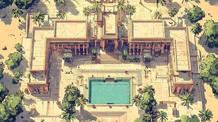 Aerial View of a Luxurious Desert Resort with Swimming Pool.  