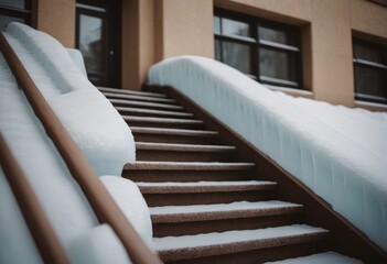 AI generated wooden stairs covered with snow in the city. Winter landscape.