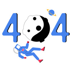404 Error With Astronaut Floating Near Yin Yang Planet In Flat Vector Illustration Symbolizing Website Not Found, Cosmic Balance, And Exploration, Isolated On White Background