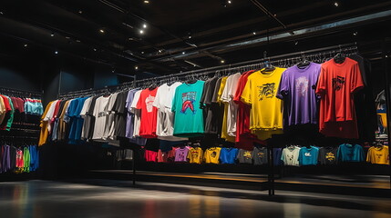 Colorful t-shirts hanging on display