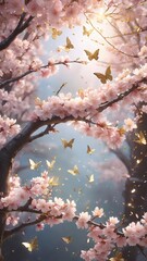 Obraz premium 桜の花が満開の木々の間を飛び交う金色の蝶々たち。光が柔らかく差し込み、幻想的でロマンチックな雰囲気が漂う。