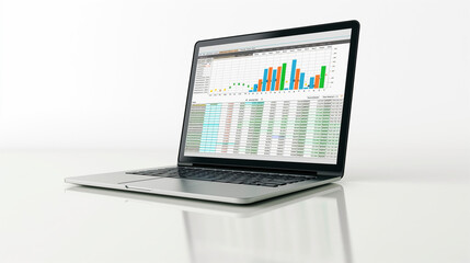 A professional laptop on a white background displaying a financial spreadsheet with rows of numerical data
