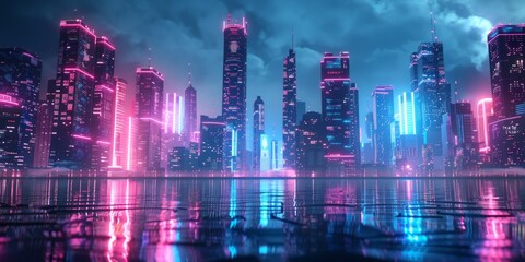 Obraz premium Sci-fi city skyline with blue and pink neon lights. Night scene with advanced skyscrapers. 3D Render.
