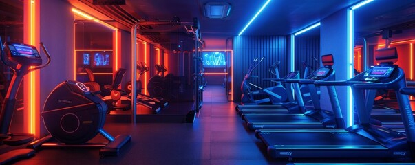 Cardio room at night: Neon lights illuminate treadmills, stationary bikes, elliptical trainers, rhythmic blinking creates futuristic ambiance.