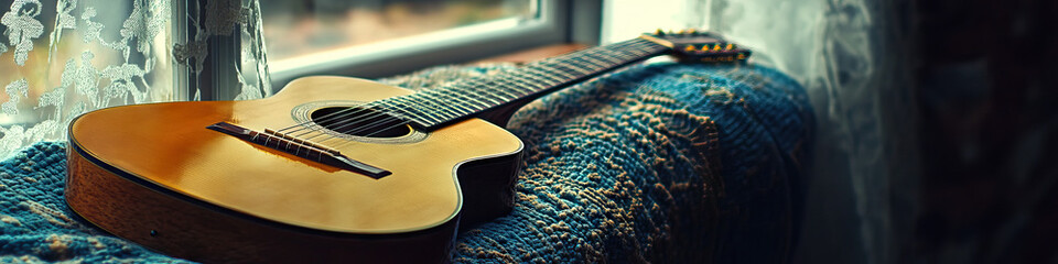 Obraz premium An acoustic guitar rests gently on a cozy window seat, its strings humming a familiar, comforting melody.