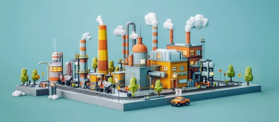 Obraz premium Miniature industrial factory model, 3D illustration of a busy manufacturing plant with chimneys and smoke. Concepts. industry, manufacturing, pollution, environment, and urbanization.