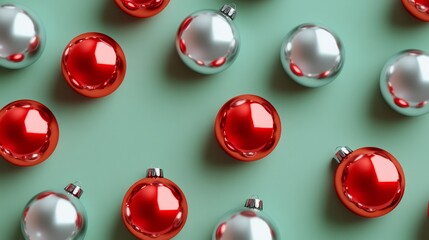 3d rendered green christams background with silver and red xmas balls