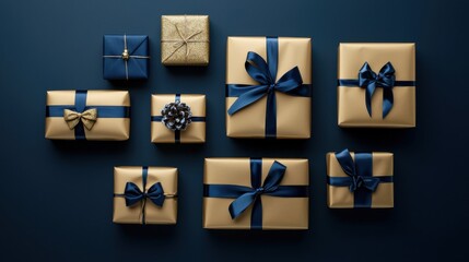 Obraz premium Top-down view of Christmas presents wrapped in gold paper and tied with royal blue ribbons on a rich, dark blue background.