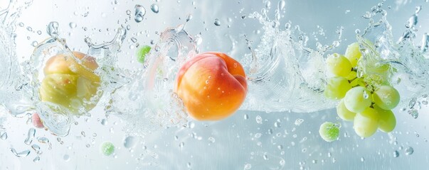 Three round and flat candy boxes, including water splashes, peaches, green grapes, and floating candies, create a bright and concise image
