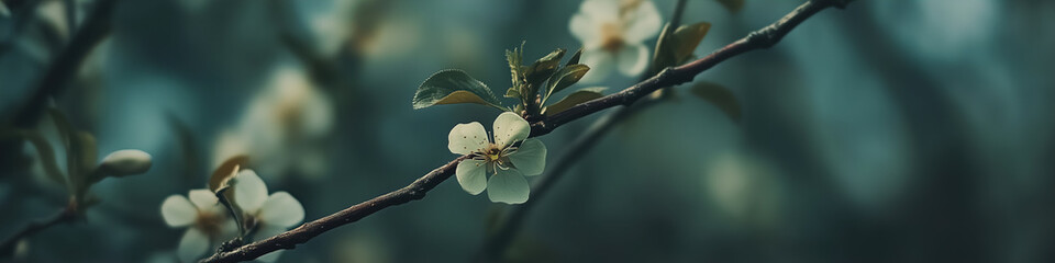 Delicate white blossoms on branches with green leaves in a serene, misty atmosphere during early spring morning. Generative AI