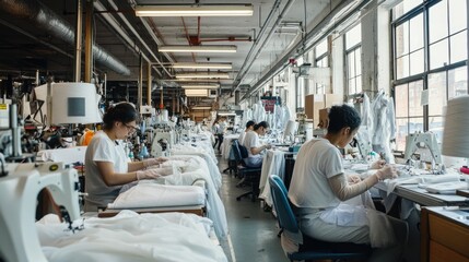Factory Workers Sewing White Fabric in a Well-Lit Room