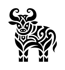 Fototapeta premium Decorative standing cow stencil drawn in tribal tattoo style. Black vector isolated on white illustration.