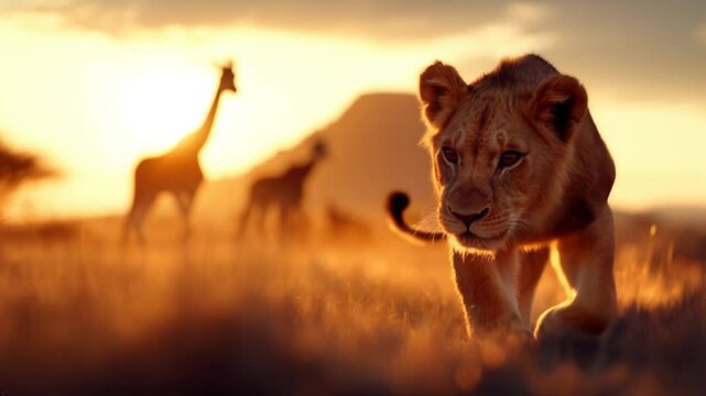 Lion cub prowling in the golden savanna at sunset, with giraffes in the background, embodying African wildlife and safari adventure travel