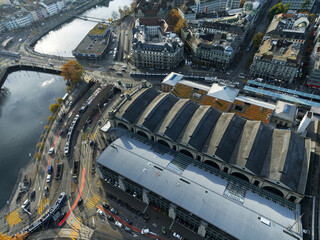 Aerial view of Swiss City of Z&uuml;rich with railway main station, Limmat River and station bridge on a autumn morning. Photo taken November 18th, 2024, Zurich, Switzerland.
