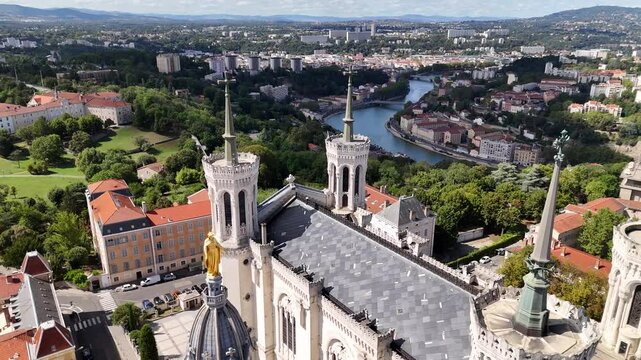 Aerial footage of Basilica of Notre-Dame de Fourviere, an icon in Lyon, France