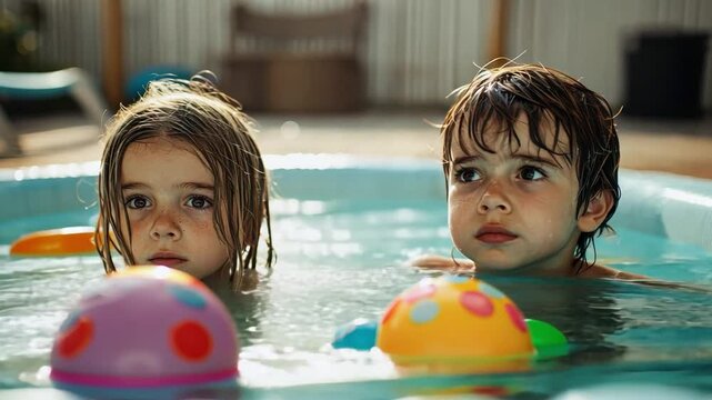 Siblings in a kiddie pool with water toys floating around, but both staring off into the distance, not enjoying the moment.