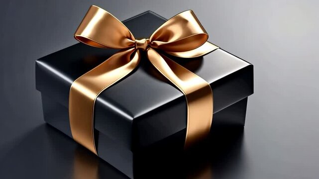 Gift box wrapped in black paper with golden ribbon on dark background. Black Friday, Boxing Day. Copy space for text.