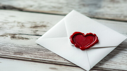 Vintage-Inspired White Envelope Sealed with a Red Heart Wax Stamp on Rustic Wooden Background - Romantic Correspondence Concept