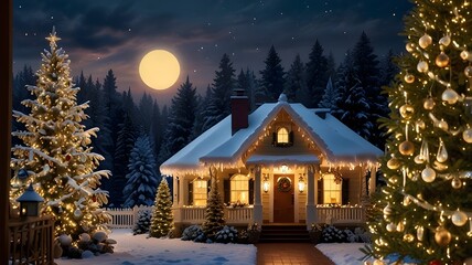 Fototapeta premium A dazzling Christmas wonderland: sparkling ornaments, lush greenery, frosty accents, and warm, golden lights creating a magical holiday atmosphere.