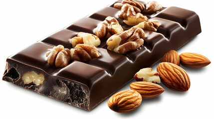 A Close-Up View of a Dark Chocolate Bar with Pecan and Almond Nuts, Showcasing the Rich Texture and Delicious Combination of Flavors