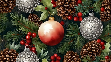 A vibrant, eye-catching graphic design celebrating the magic of Christmas, featuring a stunning flat vector art border. The composition showcases intricately detailed fir tree branches, each draped wi