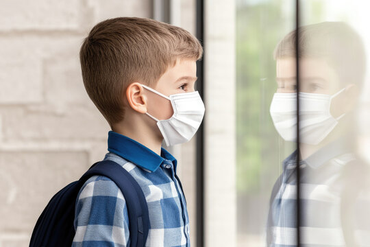 Schoolboy in medical mask reflecting on glass classroom photo indoor environment close-up health awareness
