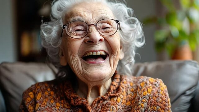 An elderly woman reacting to comments on her social media post, laughing and responding with humor and wisdom.