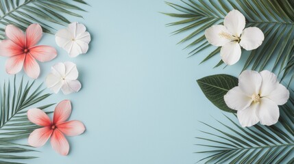 Obraz premium Tropical Floral Watercolor Pattern, vibrant tropical flowers and lush leaves against a serene blue backdrop, minimalist design with ample free space for creative use