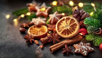 Festive Christmas composition with warm lights, spices, dried oranges, and fir tree decorations. Generative AI