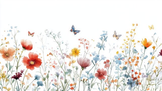 Vibrant Watercolor Meadow Flora and Butterflies, ideal for printed materials, party invitations, weddings, wallpapers, textiles, digital scrapbooking, and greeting cards