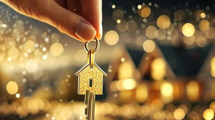 A person holds a golden key in front of a house at sunset, symbolizing a new home and opportunity, with glittering lights in the background. - Powered by Adobe
