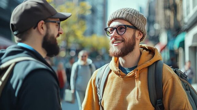 An influencer conducting an impromptu interview with a local artist on the sidewalk, sharing the conversation live with followers.