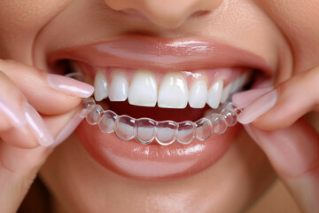 A close-up image of a woman inserting a clear orthodontic aligner in her mouth, showcasing healthy teeth