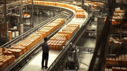 Fototapeta premium Industrial Conveyor Belt with Man Inspecting Products