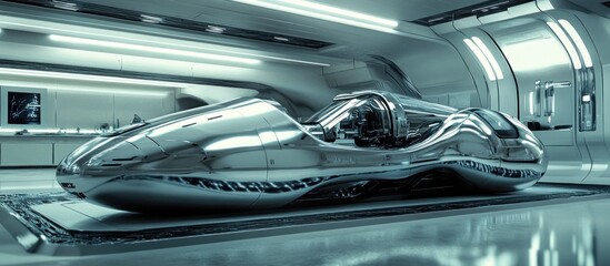 Fototapeta premium Futuristic silver race car in a modern garage.