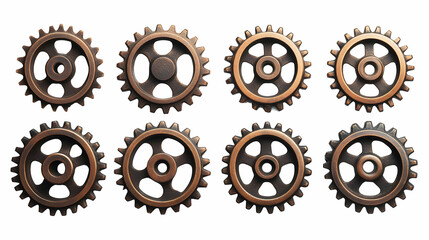 Eight Metallic Gears Arranged in Three Rows on a White Background, Showing Detailed Cogs and a Rusted Finish, Reflecting Industrial and Mechanical Themes.