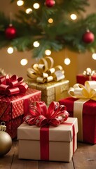 holiday decorations with wrapped gifts, candles, and pinecones arranged near a Christmas tree