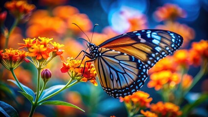 Obraz premium Close-up Silhouette of Butterfly on Lush Orange Flowers â€“ Nature's Beauty in Contrast, Vibrant Flora with Delicate Insect, Macro Photography of Floral and Wildlife Harmony
