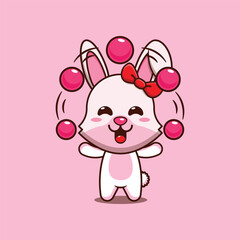Cute bunny circus attraction with balls cartoon vector illustration.