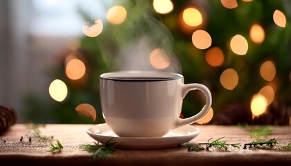 Fototapeta premium Cozy holiday setting with steaming hot tea in a white ceramic mug beside a festive Christmas tree. Generative AI