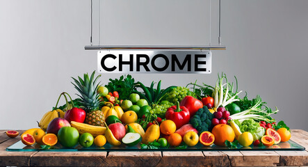 Various fresh food, fruits and vegetables with the sign chrome